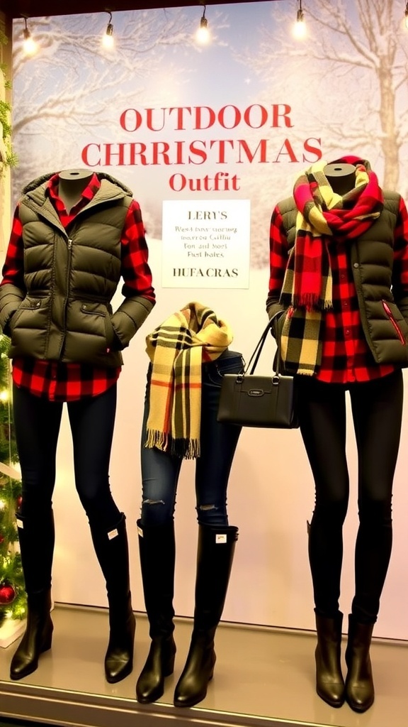 Festive Outdoor Christmas Outfit Ideas A collection of festive outdoor Christmas outfits displayed against a snowy backdrop with holiday lights.